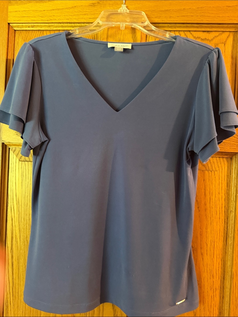 Calvin Klein Slate Blue V-Neck Flutter Sleeve Top